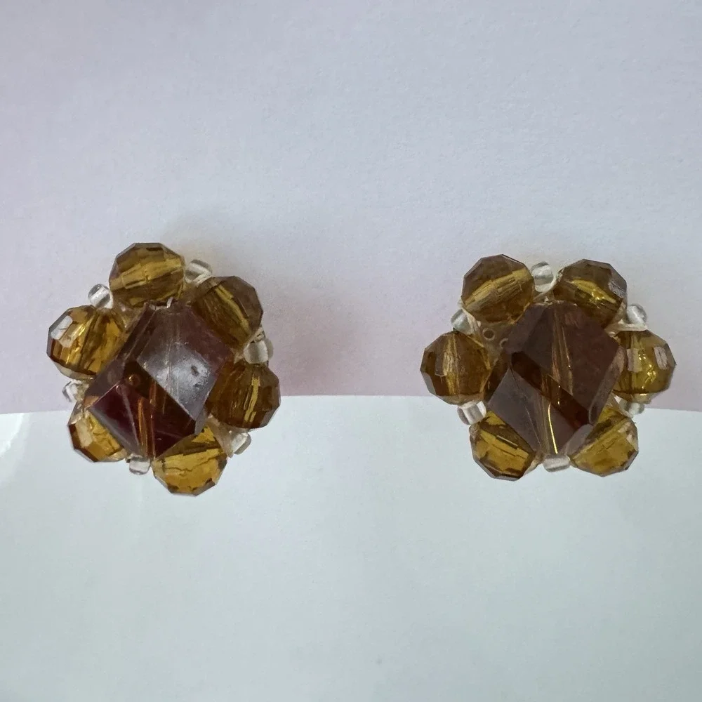 Vintage Amber Color‎ Beaded Cluster Clip Earrings Lucite Western Germany Classic